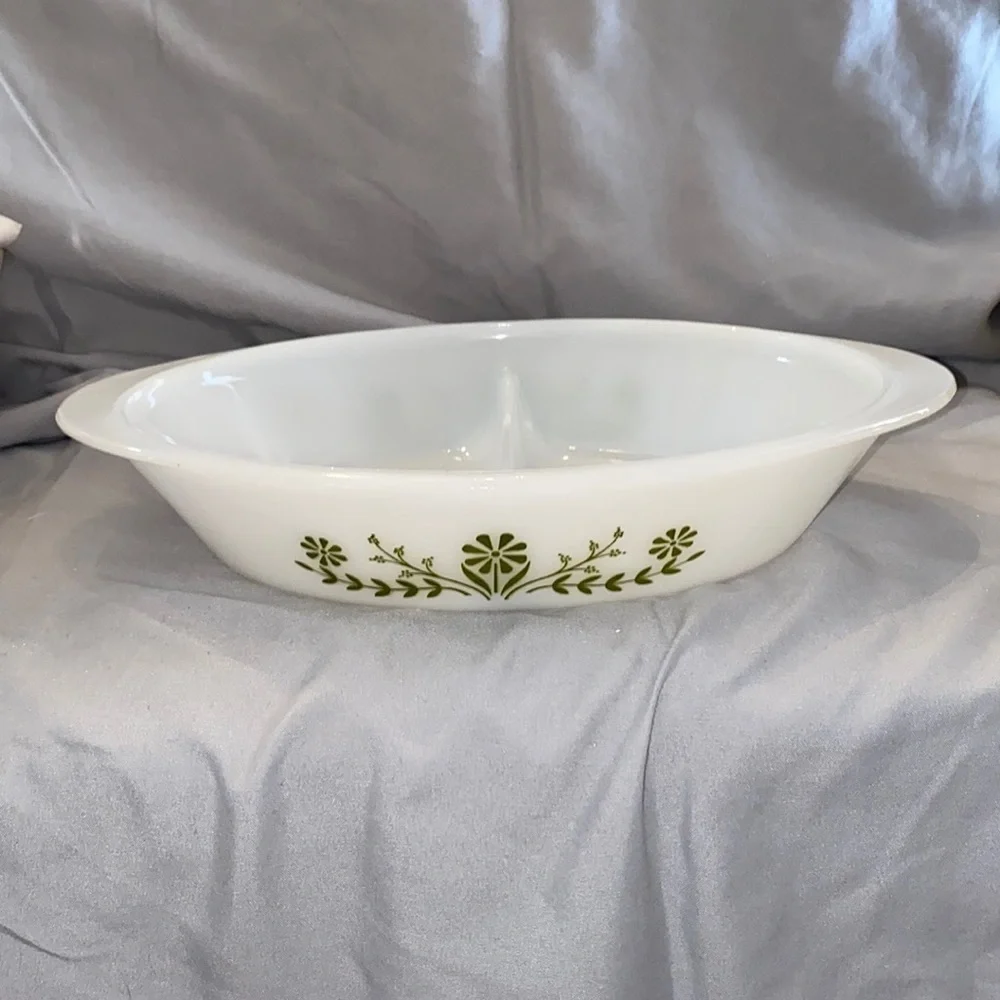 Vintage Glasbake Divided Casserole Dish Green Retro Flower Oven Proof Microwave